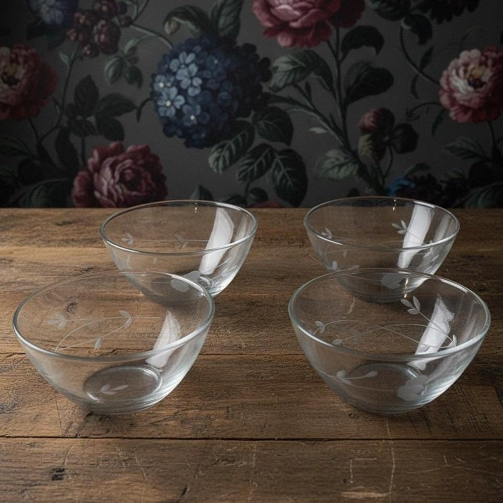 Princess House Heritage Cereal Bowls, Set of 4, Vintage Floral Etched Glass